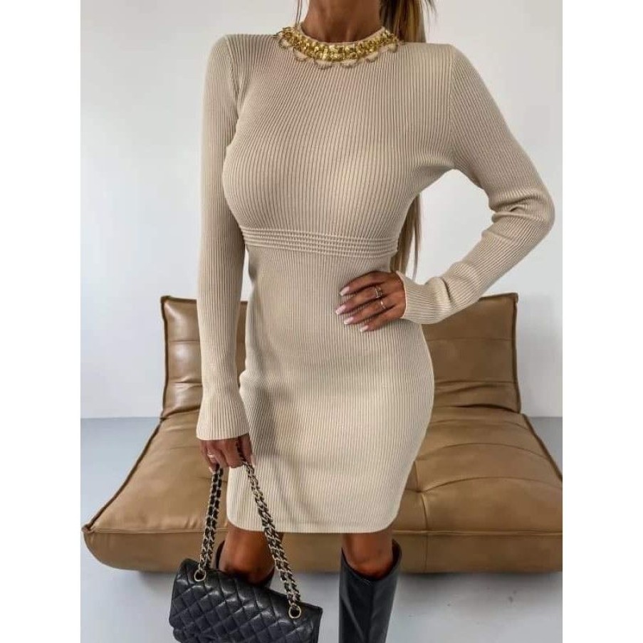 Kjoler & Nederdele Deluxe Clothing | Lorena Knit Dress Beige -1034