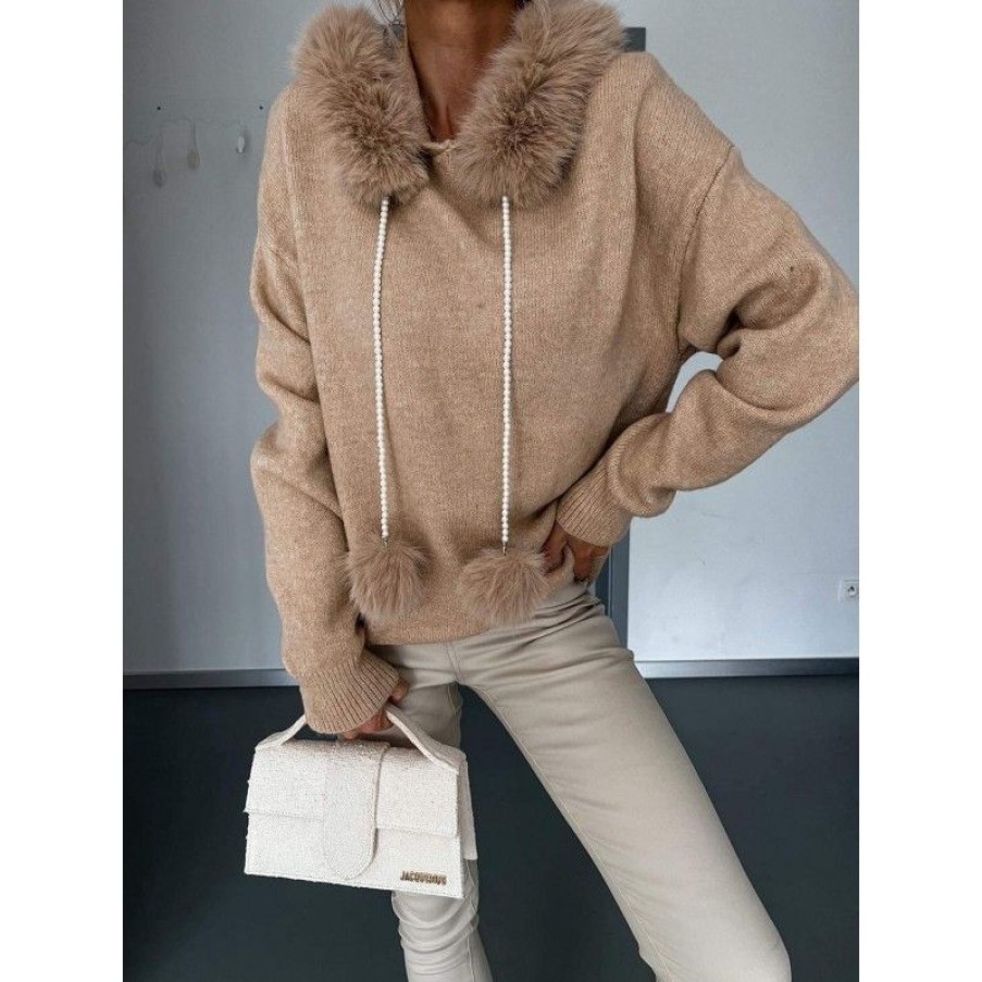 Overdele Deluxe Clothing | Elvira Fur Hoodie Camel Yp1265