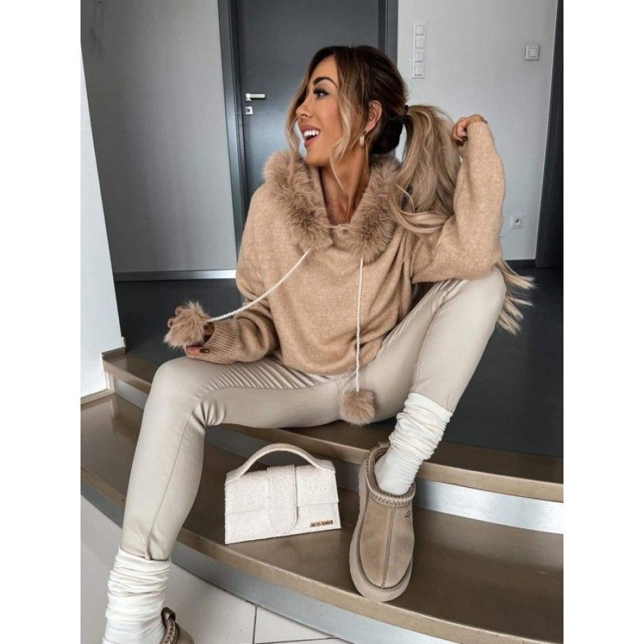 Overdele Deluxe Clothing | Elvira Fur Hoodie Camel Yp1265